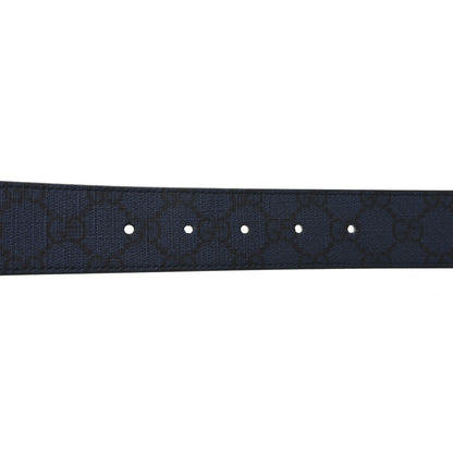 Gucci GG Supreme Monogram Plutone Calfskin Palladium Double G Reversible 37mm Belt 110 44 Black Blue 3 of 6