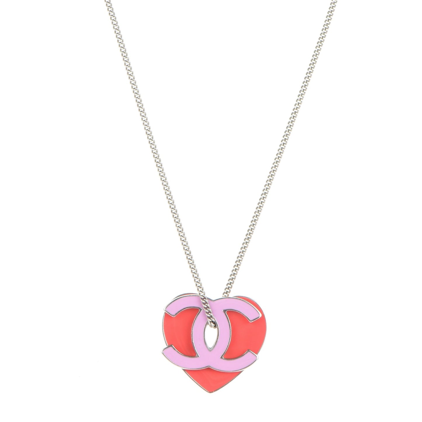 Enamel Heart CC Charm Necklace Silver