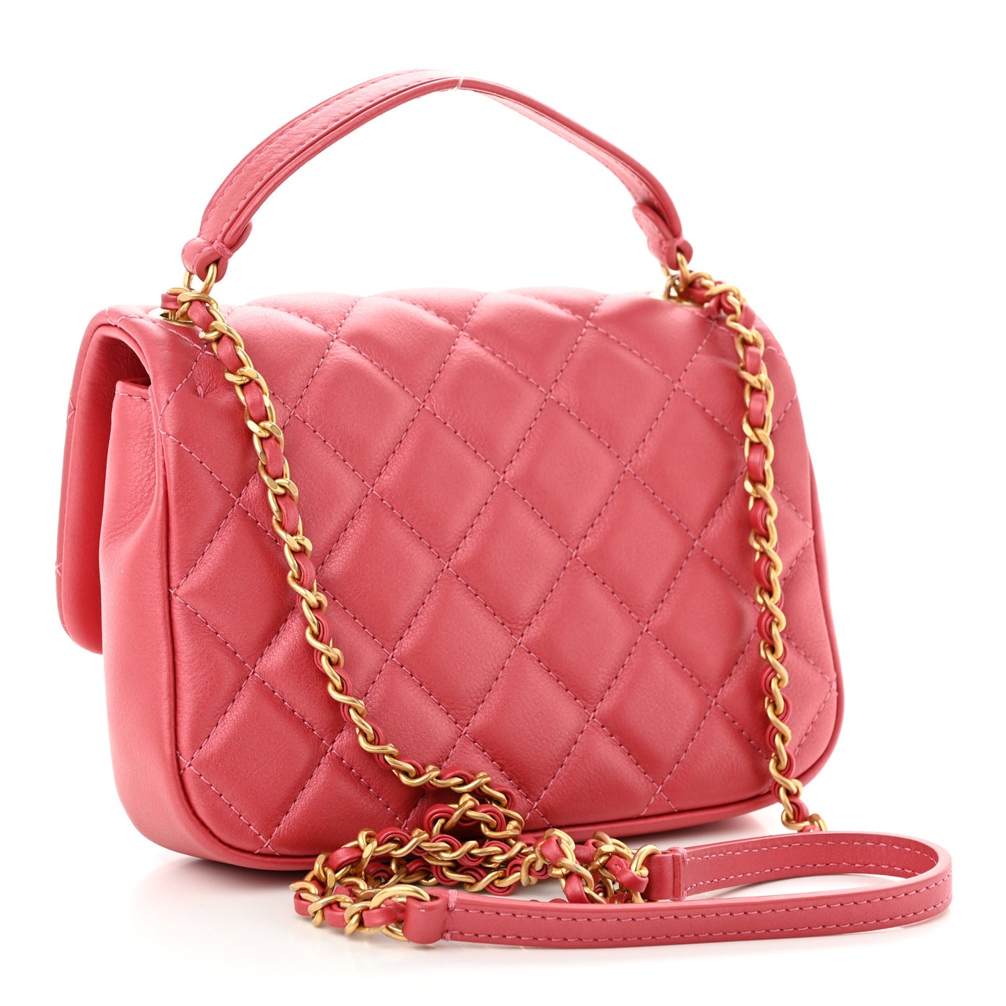Calfskin Quilted Top Handle Flap Dark Pink