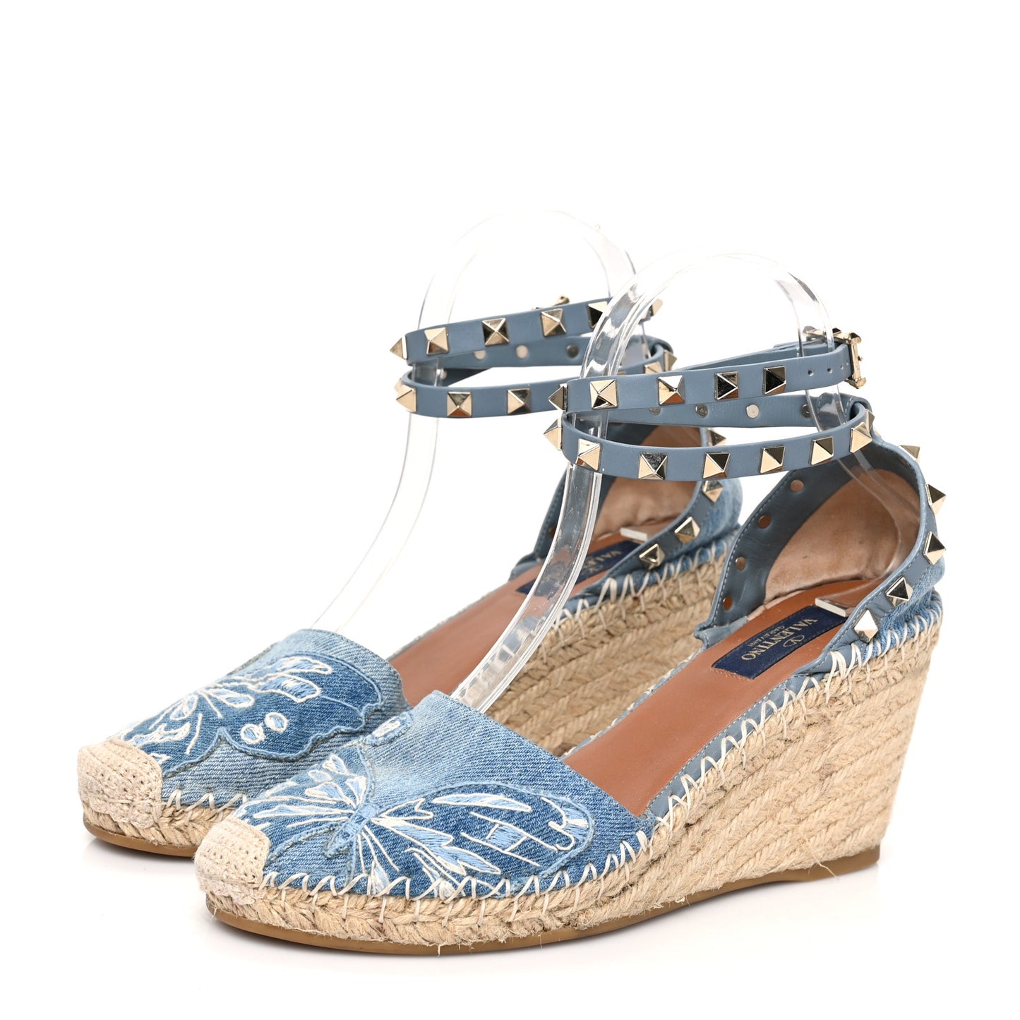 Denim Butterfly Embroidered Rockstud Ankle Wrap Espadrille Wedges 38 Light Denim