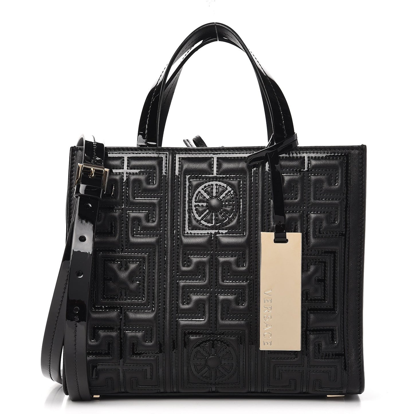 Patent Nappa Embroidered Zip Tote Black