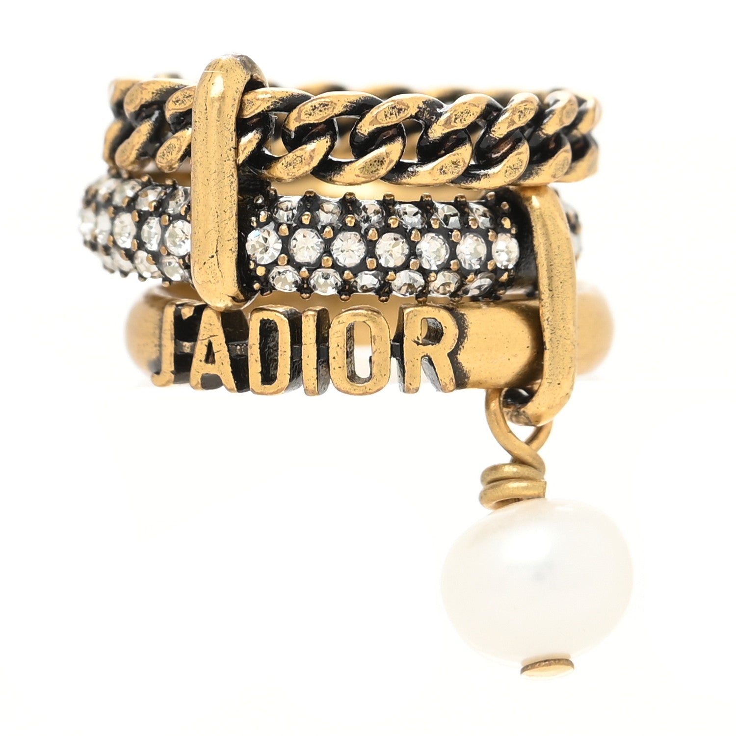 Christian Dior Crystal Pearl Chain J'adior Ring Gold 1 of 4
