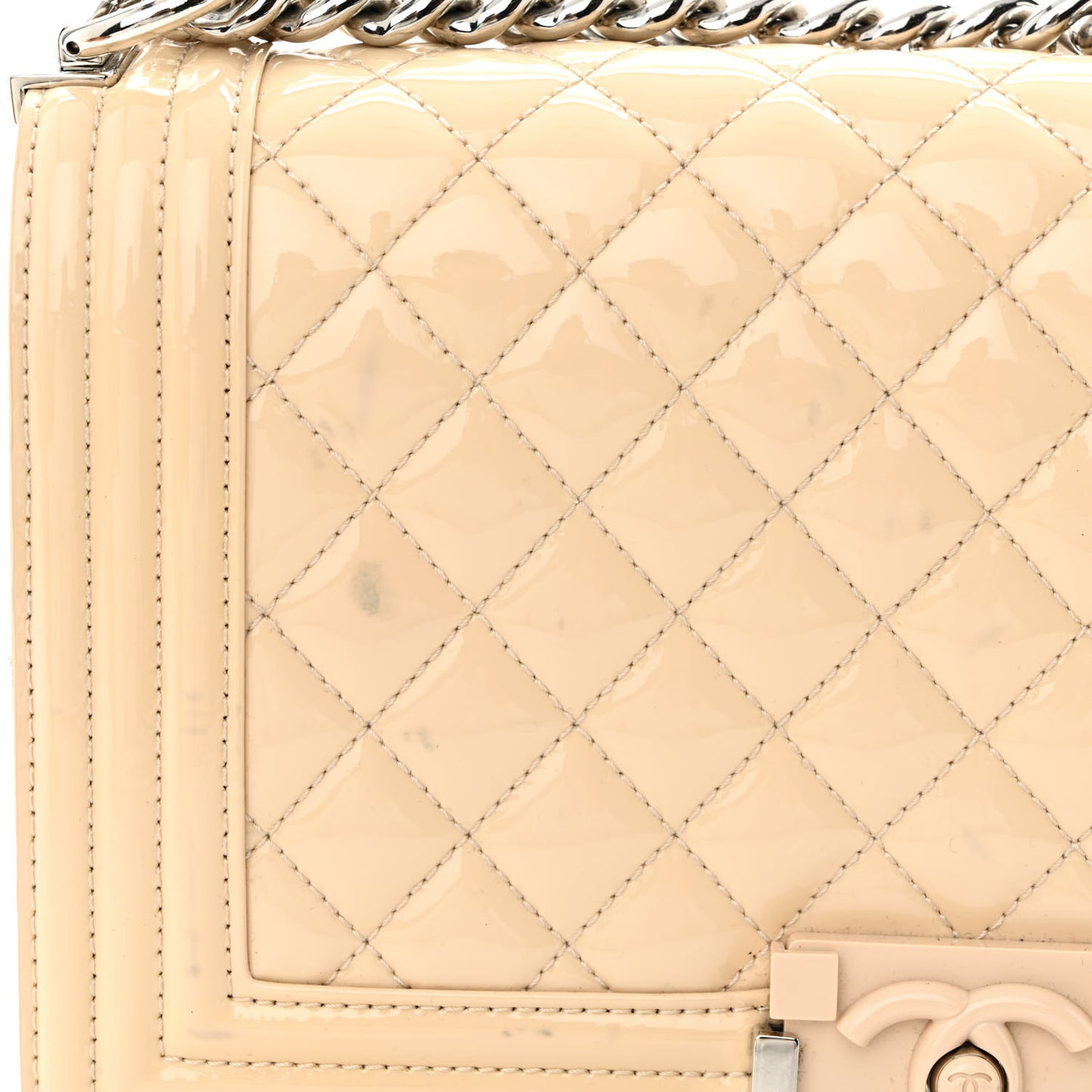 Patent Calfskin Quilted Medium Plexiglass Boy Flap Beige