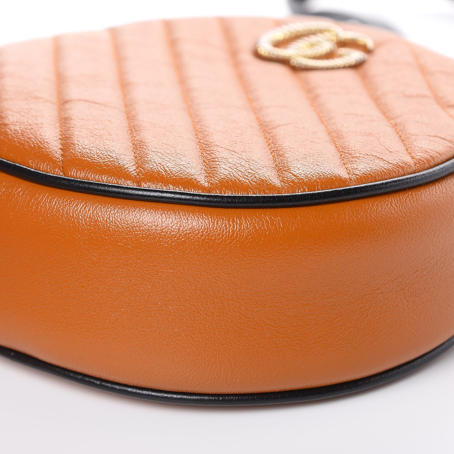 Gucci Azalea Calfskin Matelasse Diagonal Mini Torchon GG Marmont Round Shoulder Bag Cognac Black 9 of 10