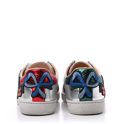 Gucci Metallic Calfskin Floral Embroidered Ace Sneakers 37 Silver 6 of 19