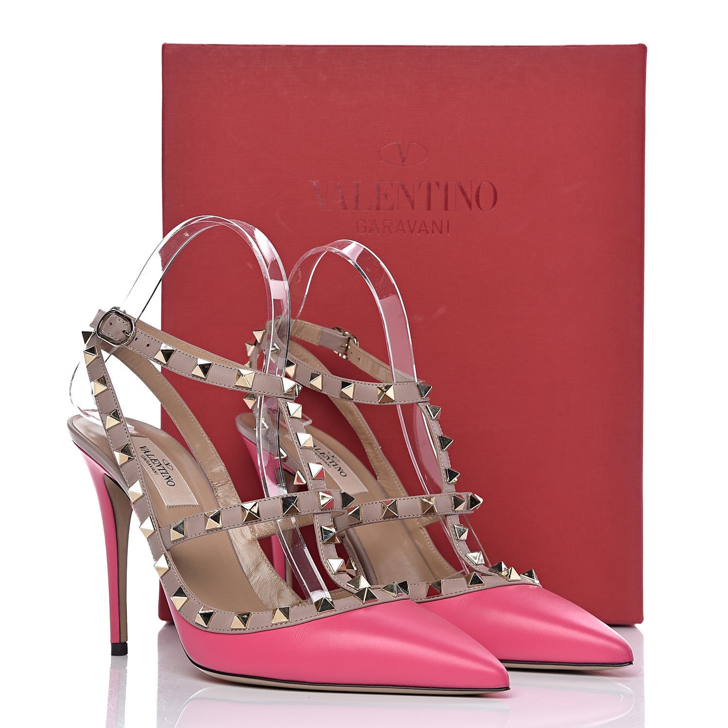 Calfskin Nappa Rockstud Ankle Strap 100mm Pumps 39.5 Peony Poudre