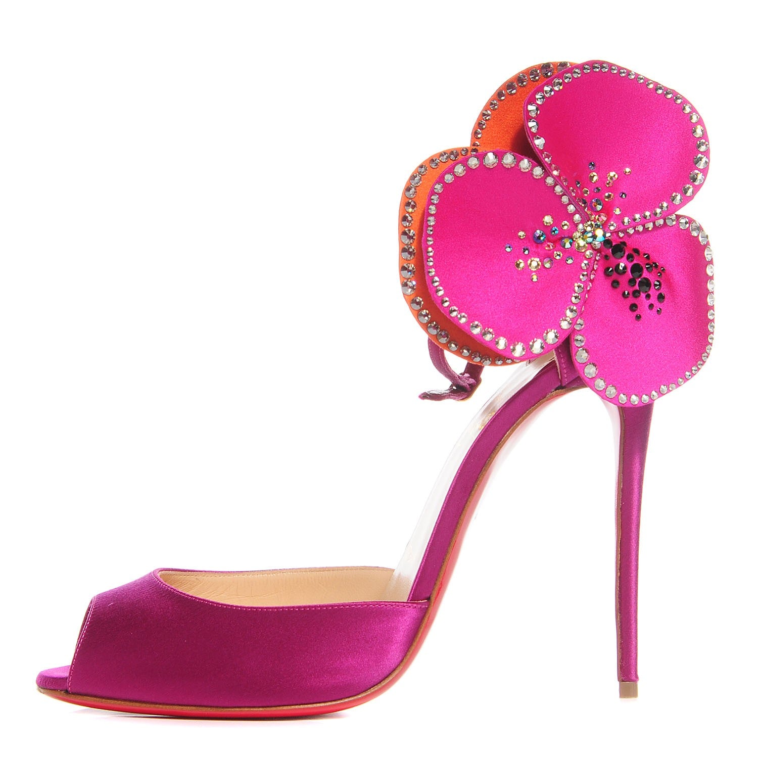 Christian Louboutin Satin Crystal Pensamoi 120 Peep Toe Pumps 39.5 Eveque Papaye 1 of 6