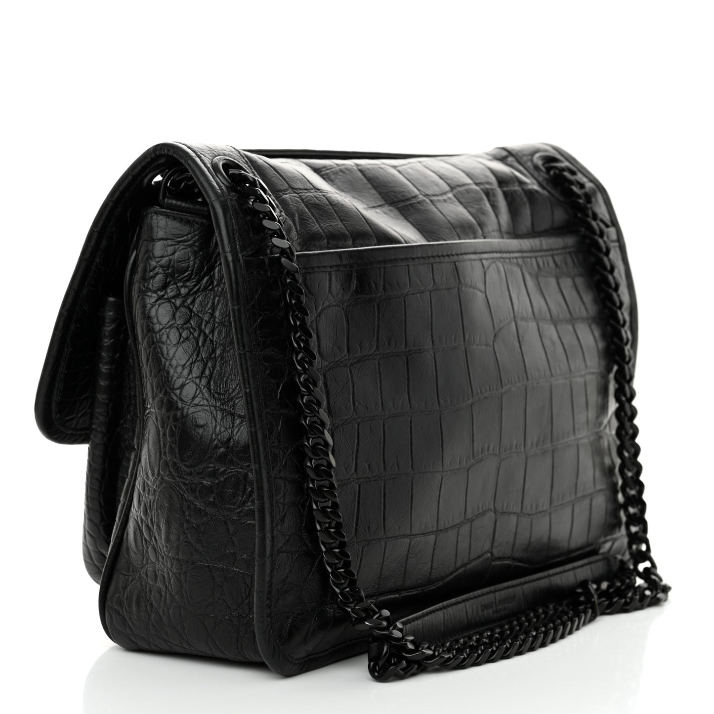 Crocodile Embossed Lambskin Monogram Medium Niki Chain Satchel Black