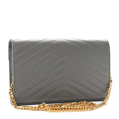 Saint Laurent Grain De Poudre Matelasse Chevron Monogram Chain Wallet Fog 3 of 8
