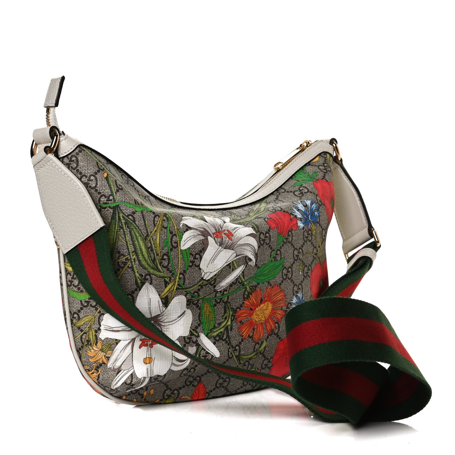 Gucci GG Supreme Monogram Flora Web Small Ophidia Half Moon Hobo White 3 of 14