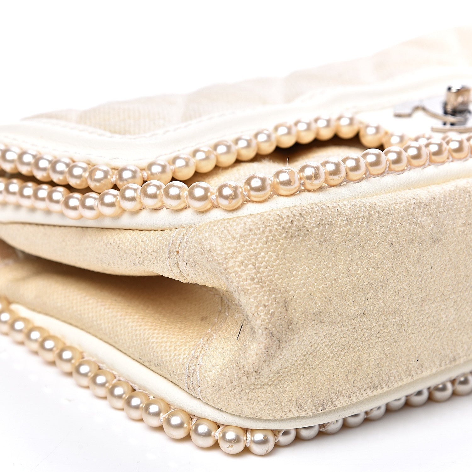 Chanel Canvas Quilted Pearl Trim Medium Flap Beige 7 of 16
