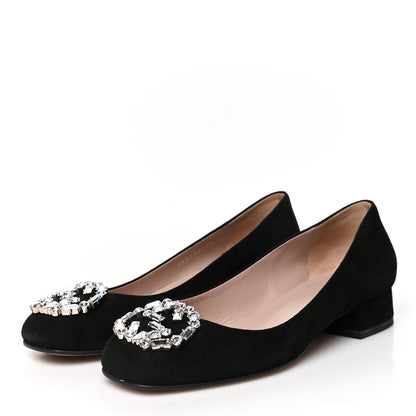 Gucci Suede Crystal Interlocking G Low Heel Pumps 36 Black 3 of 9
