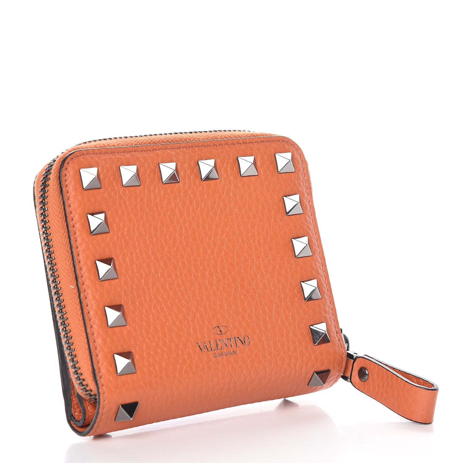 Valentino Garavani Pebbled Calfskin Rockstud Compact Zip Around Wallet Orange 3 of 9