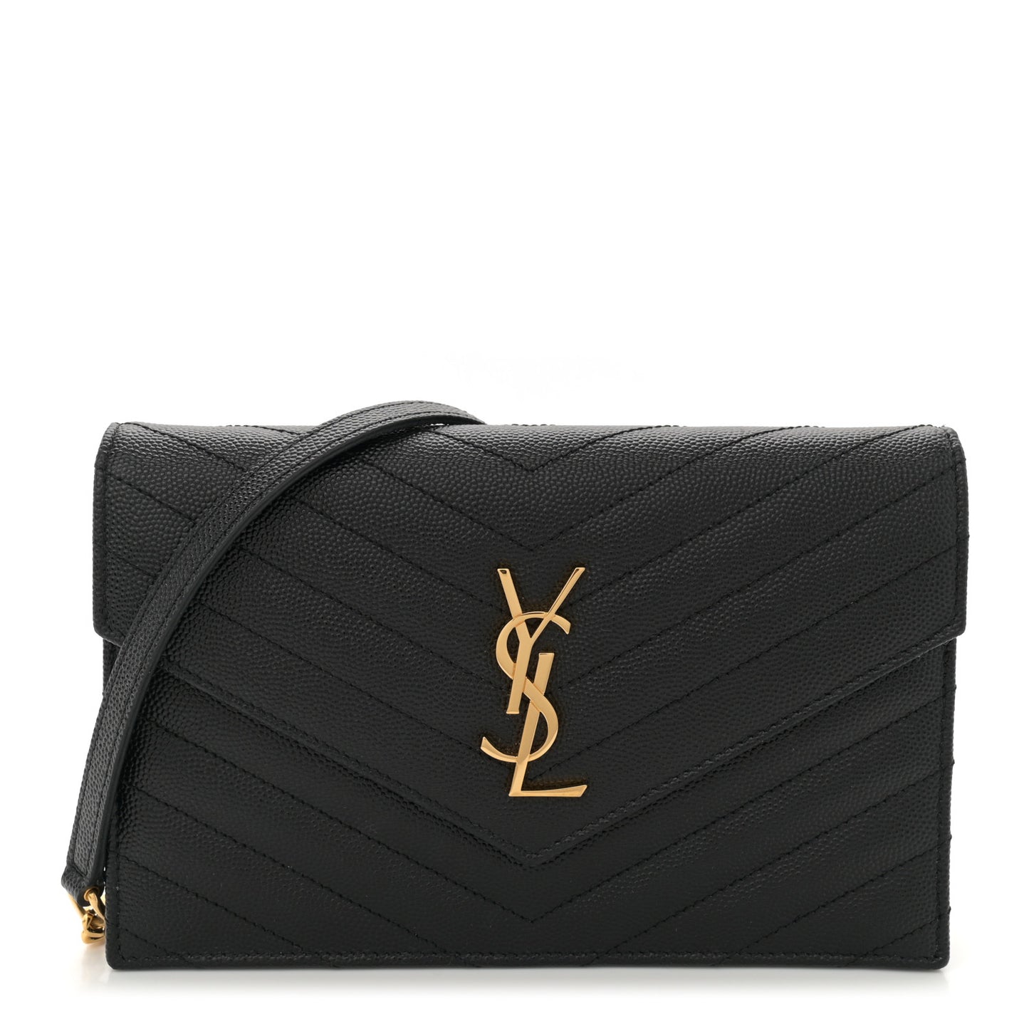 Grain De Poudre Matelasse Chevron Monogram Envelope Chain Wallet Black