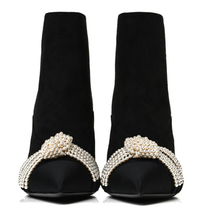 Chanel Suede Calfskin Pearl Cap Toe Short Boots 38.5 Black 2 of 9