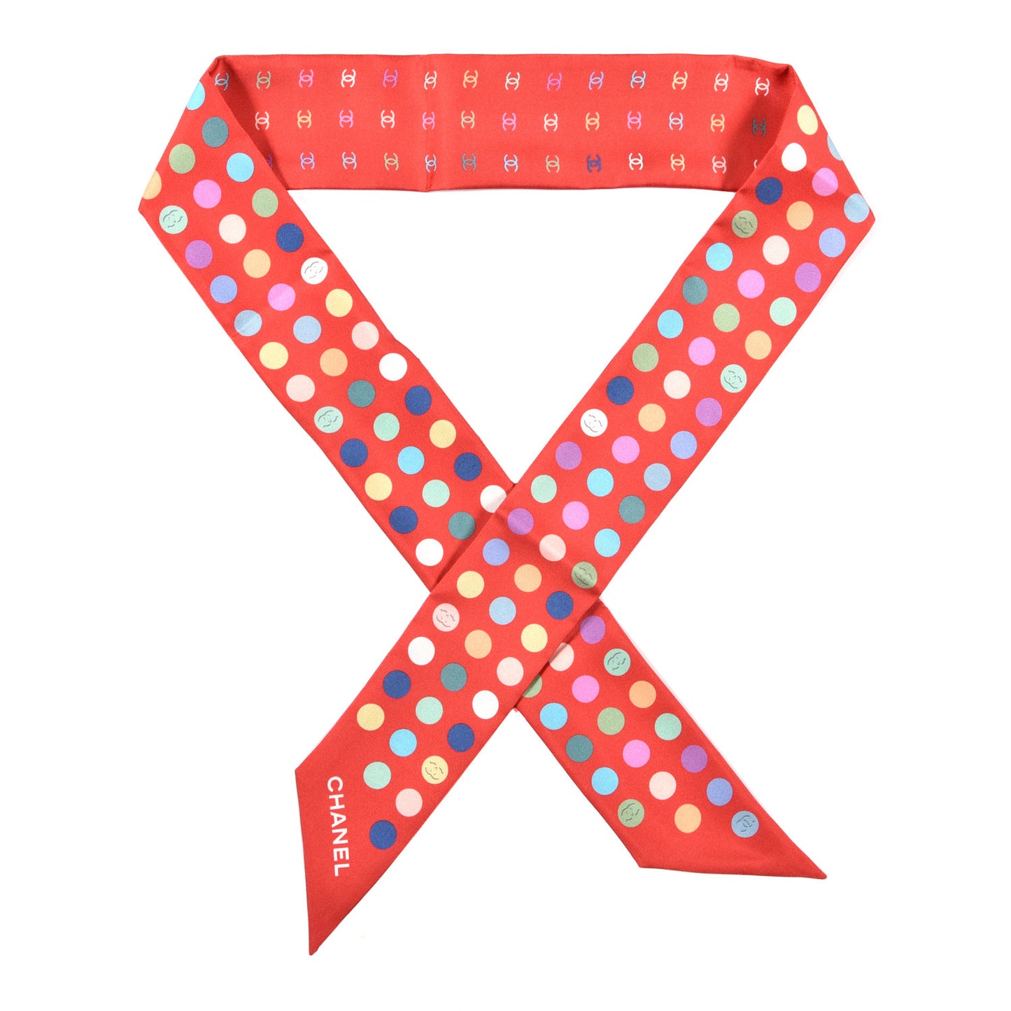 Silk Polka Dot CC Slim Bandeau Scarf Red Multicolor