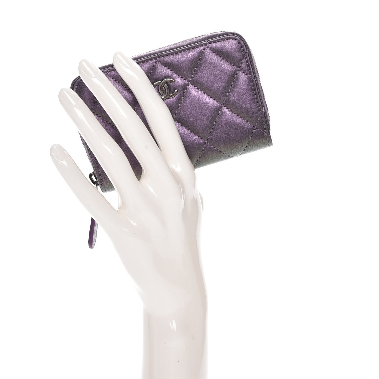Metallic Lambskin Quilted Zip Around Coin Purse Wallet Purple
