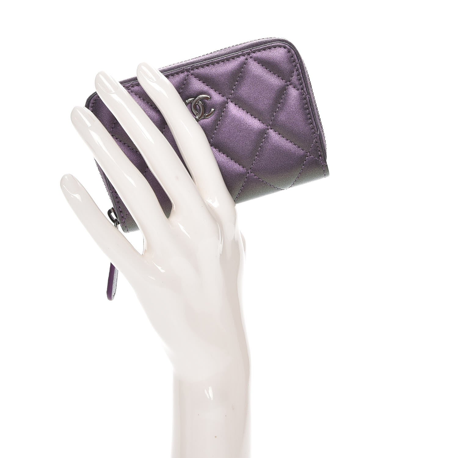 Chanel Metallic Lambskin Quilted Zip Around Coin Purse Wallet Purple 2 of 8