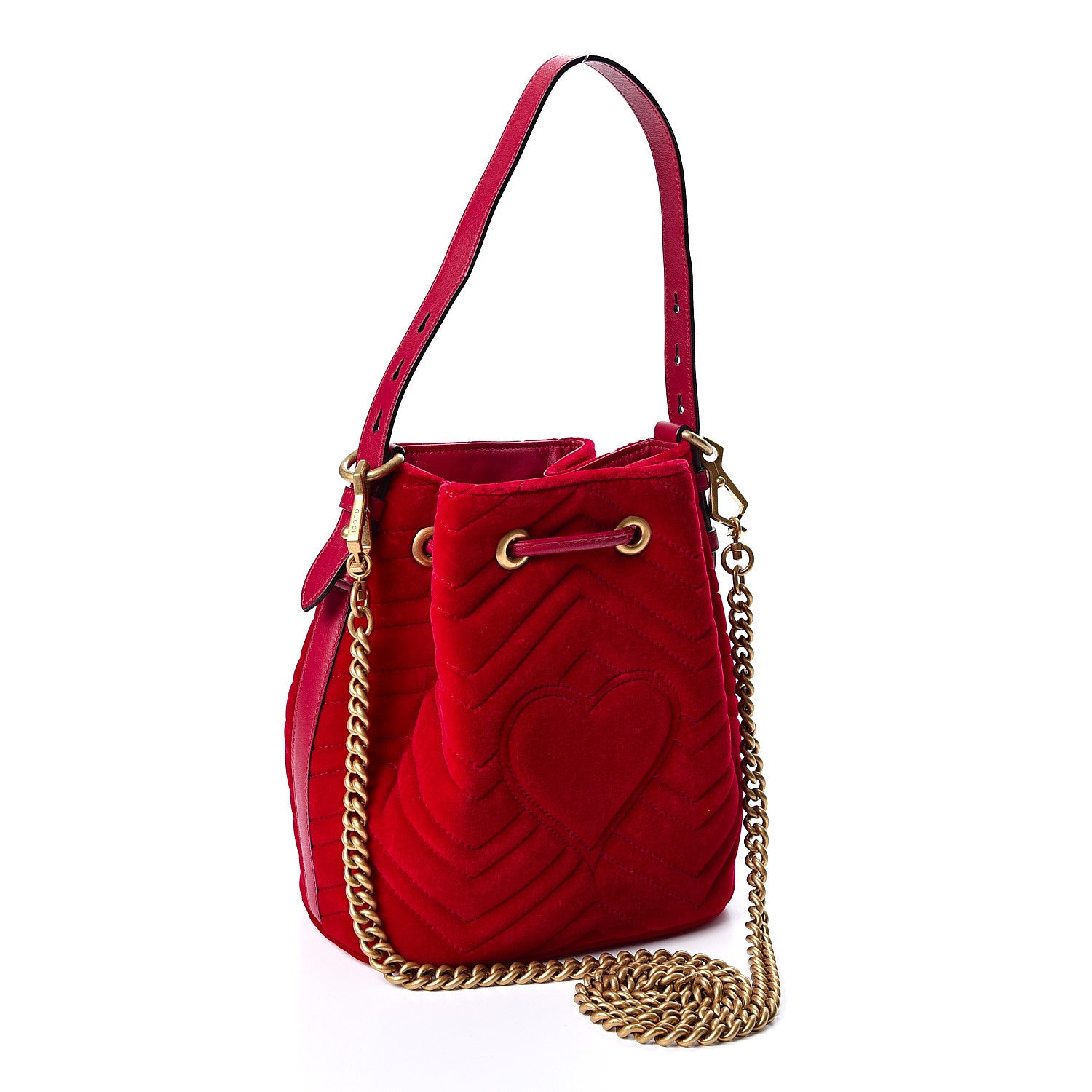 Gucci Velvet Matelasse GG Marmont Bucket Bag Hibiscus Red 563563