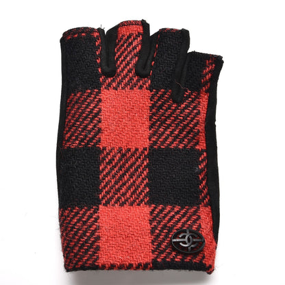 Chanel Wool Suede Plaid Fingerless CC Gloves 7 Red Black 6 of 6