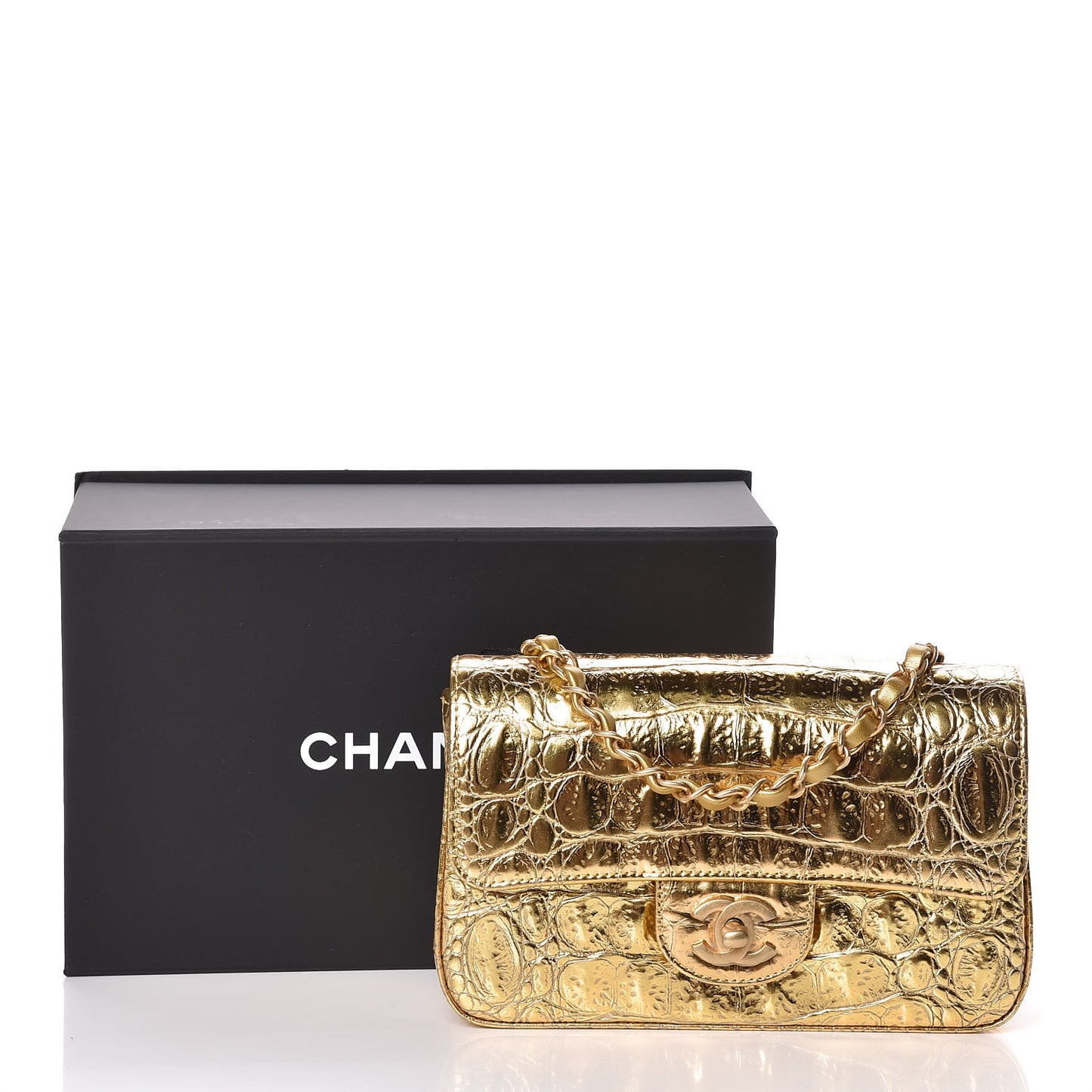 Metallic Calfskin Crocodile Embossed Cocodile Rectangular Mini Flap Gold