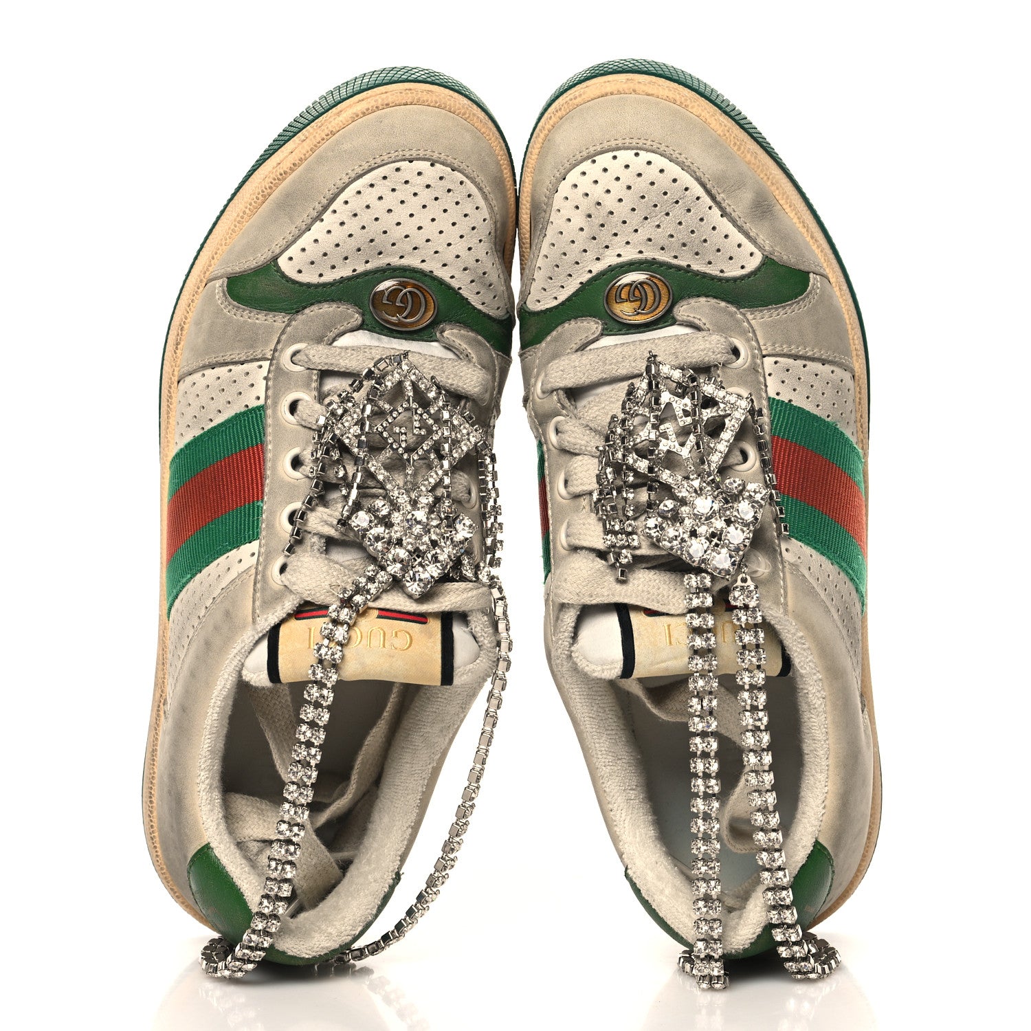 Gucci Nubuck Calfskin Web Removable Crystals Womens Screener Sneakers 36 Dusty Milk New Mystic White 2 of 9