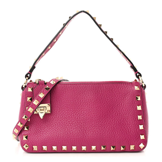 Pebbled Calfskin Small Rockstud Flip Lock Shoulder Bag Fuxia
