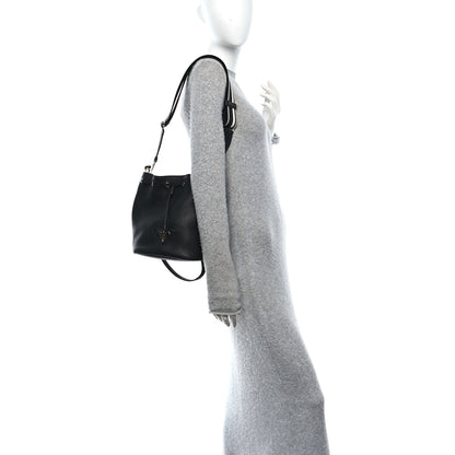 Prada Vitello Daino Soft Drawstring Bucket Bag Black 2 of 11