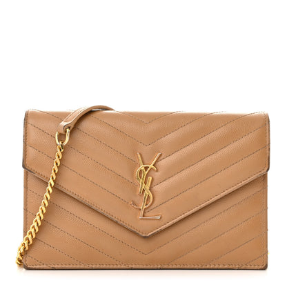 Saint Laurent Grain De Poudre Matelasse Chevron Monogram Envelope Chain Wallet Dark Beige 1 of 12