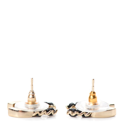 Chanel Crystal Baguette Lambskin Chain CC Vintage Allure Stud Earrings Black Gold 3 of 5