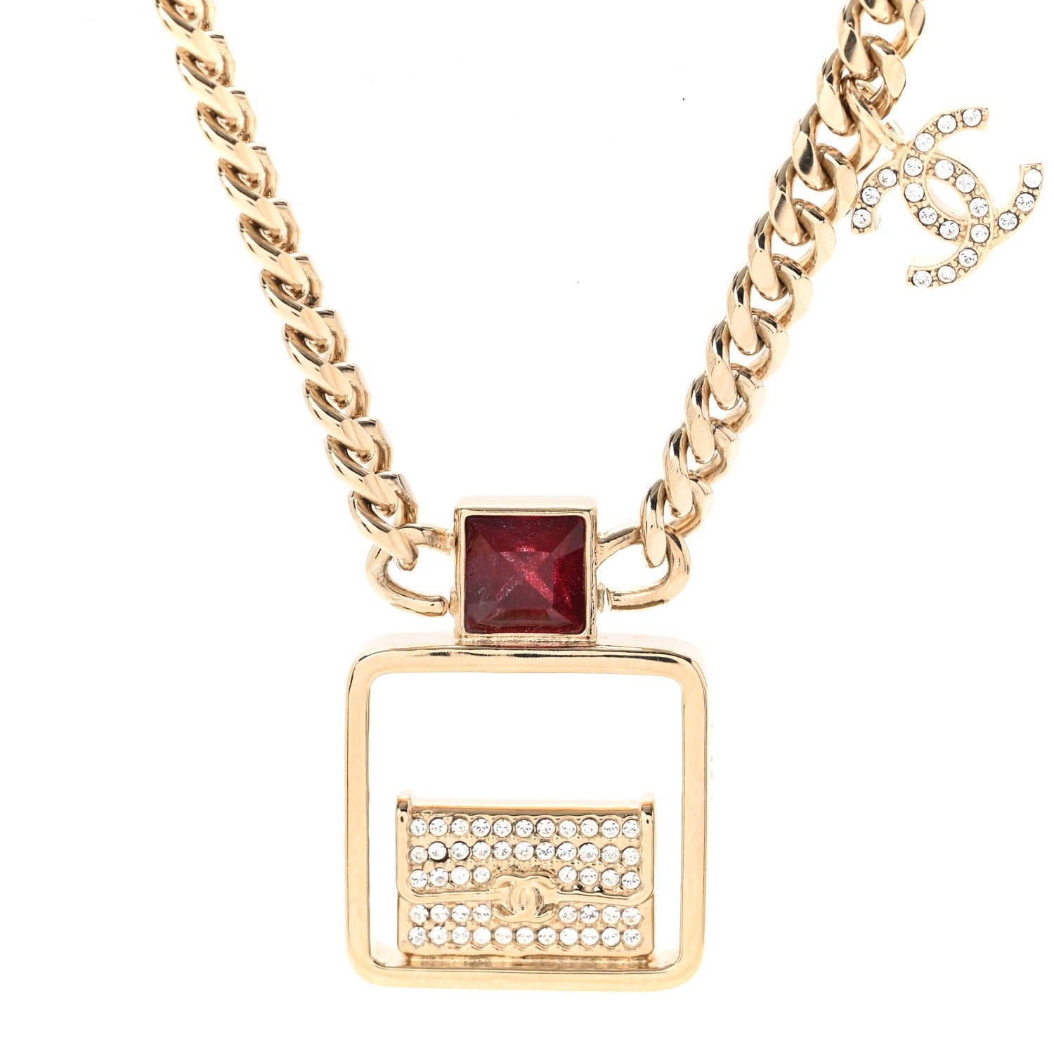 Chanel Metal Crystal Quilted Flap Bag Necklace Red Gold 4 of 7