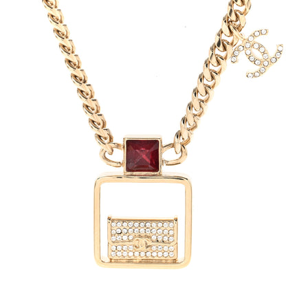 Chanel Metal Crystal Quilted Flap Bag Necklace Red Gold 4 of 7