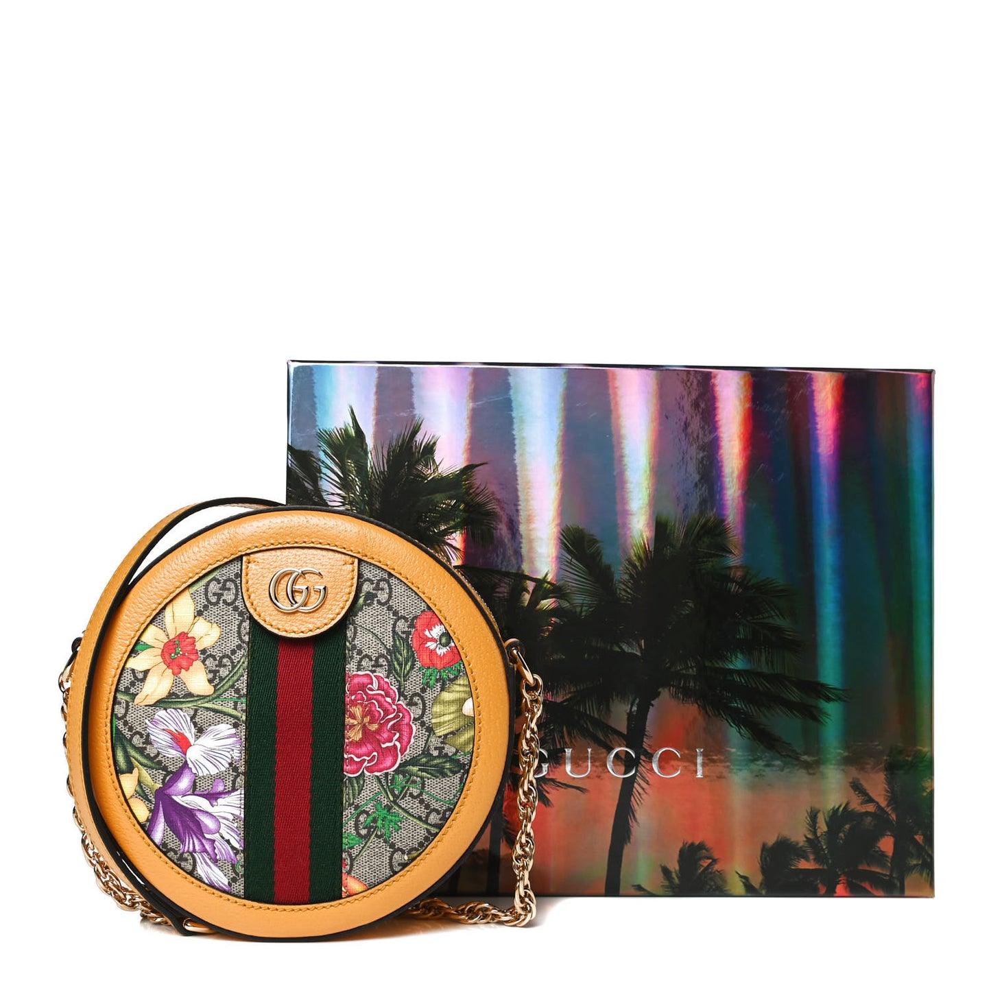 GG Supreme Monogram Flora Web Mini Ophidia Round Shoulder Bag Beige Multicolor Crop