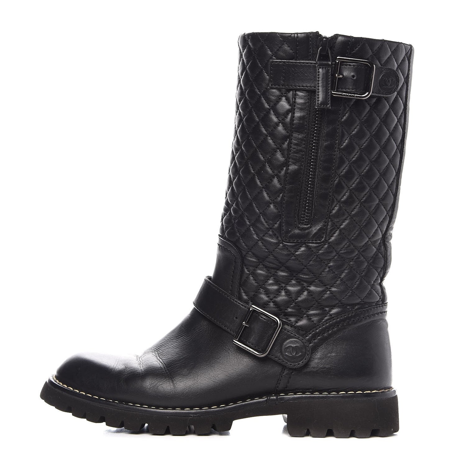 Calfskin Quilted Biker Boots 38.5 Black