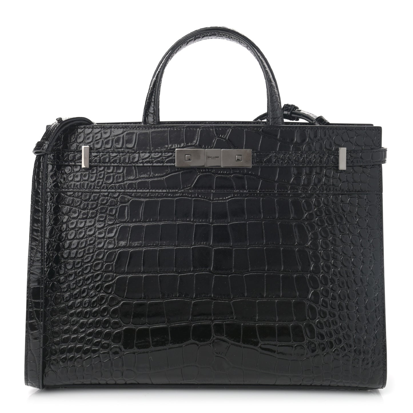 Shiny Calfskin Crocodile Embossed Small Manhattan Shopper Tote Black