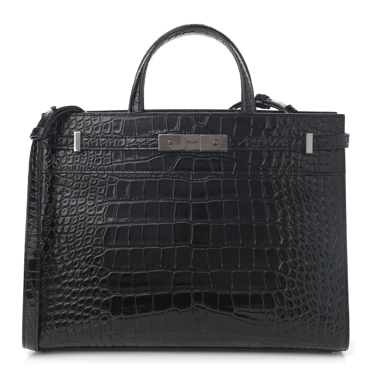 Saint Laurent Shiny Calfskin Crocodile Embossed Small Manhattan Shopper Tote Black 1 of 10