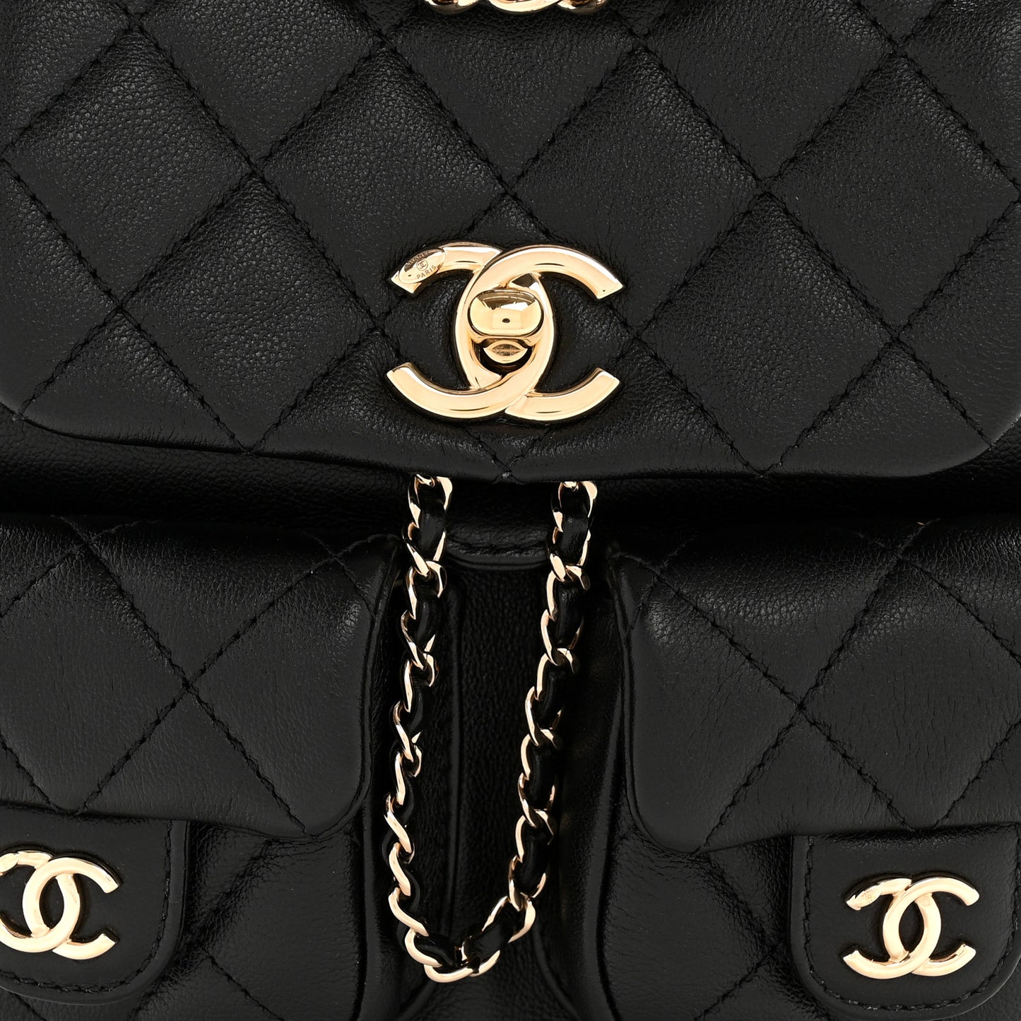Calfskin Quilted Mini Duma Pockets Drawstring Backpack Black