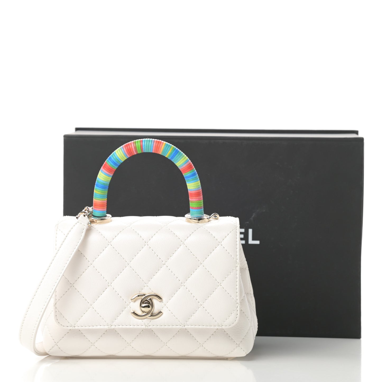 Goatskin Quilted Extra Mini Rainbow Coco Handle Flap White