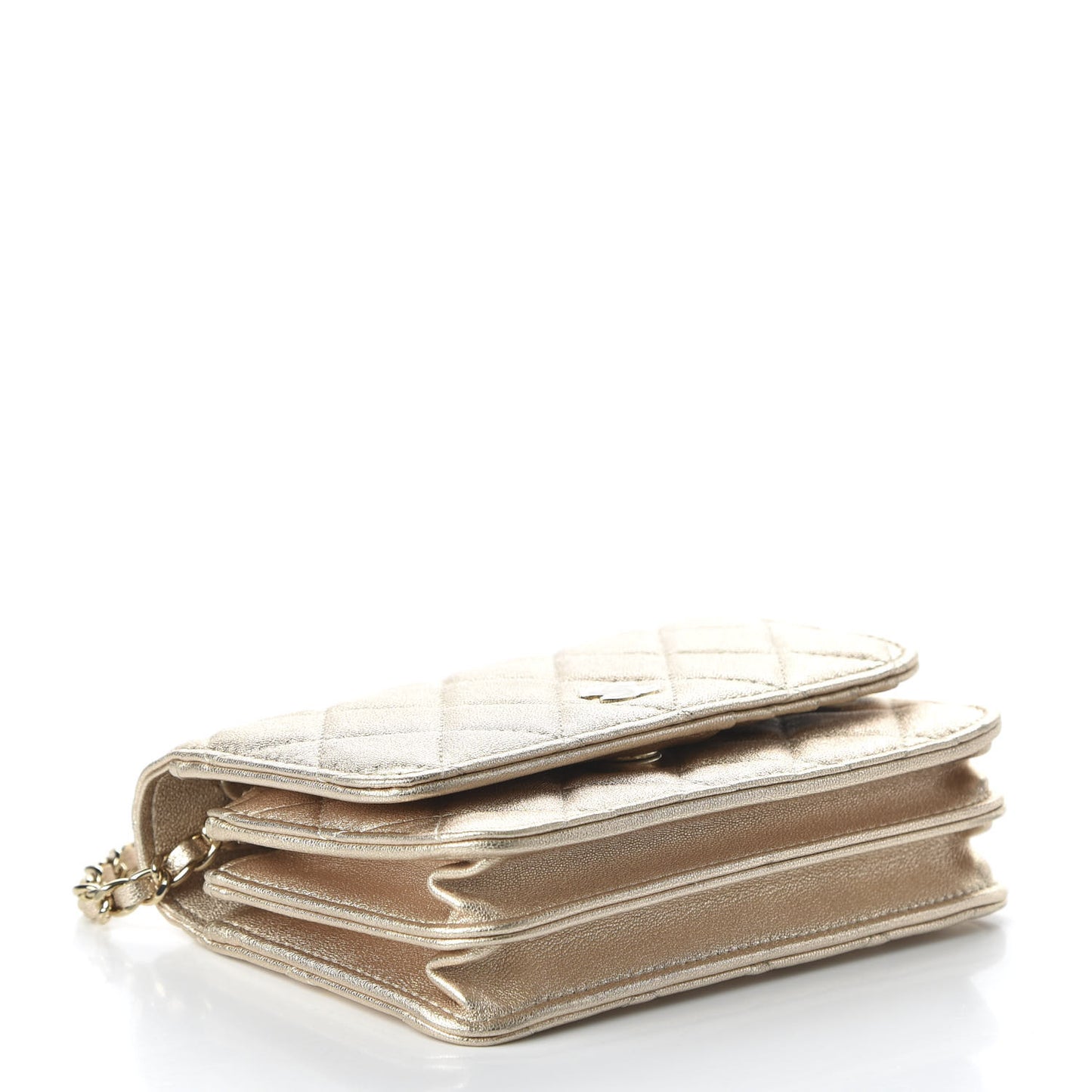Metallic Lambskin Quilted Mini Wallet On Chain WOC Gold