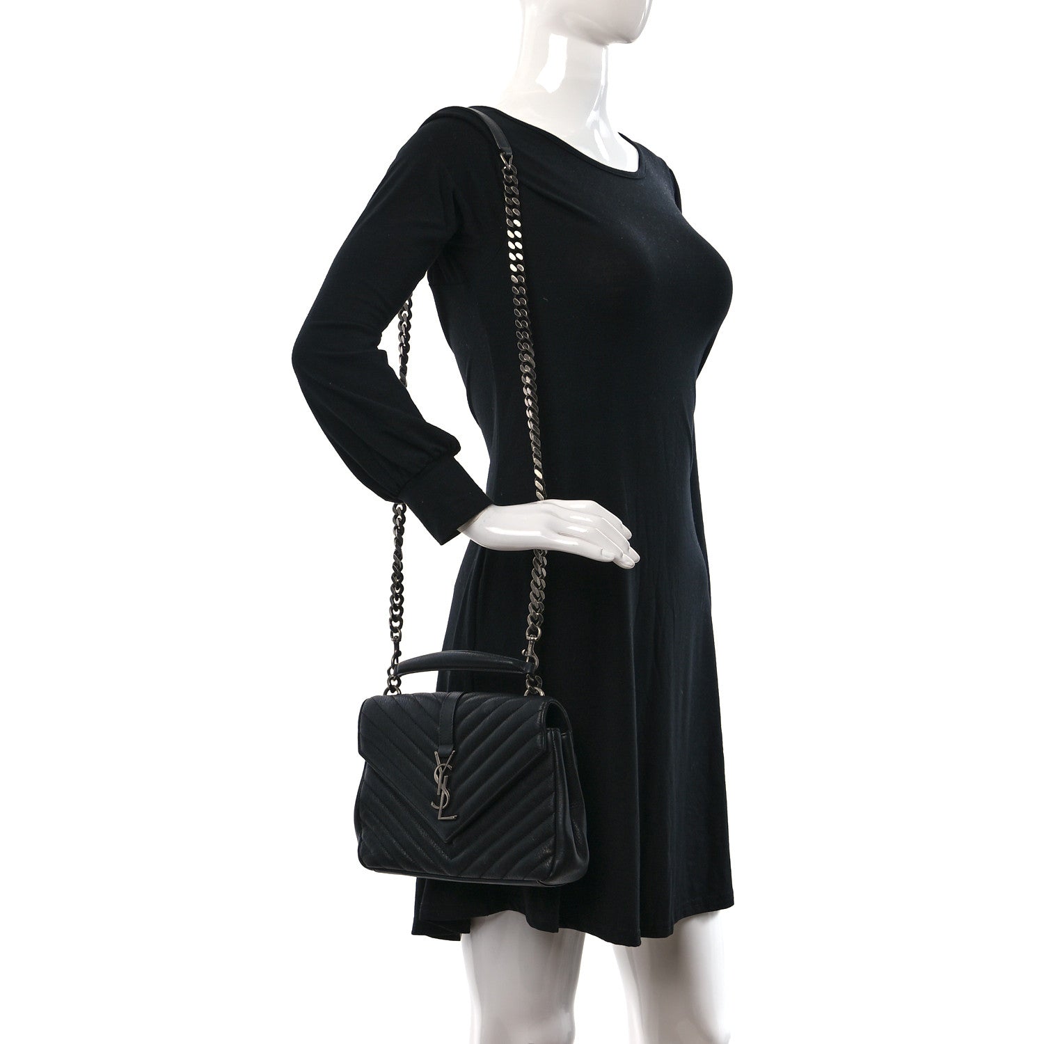 Saint Laurent Sheepskin Matelasse Chevron Monogram Medium College Bag Black 2 of 11