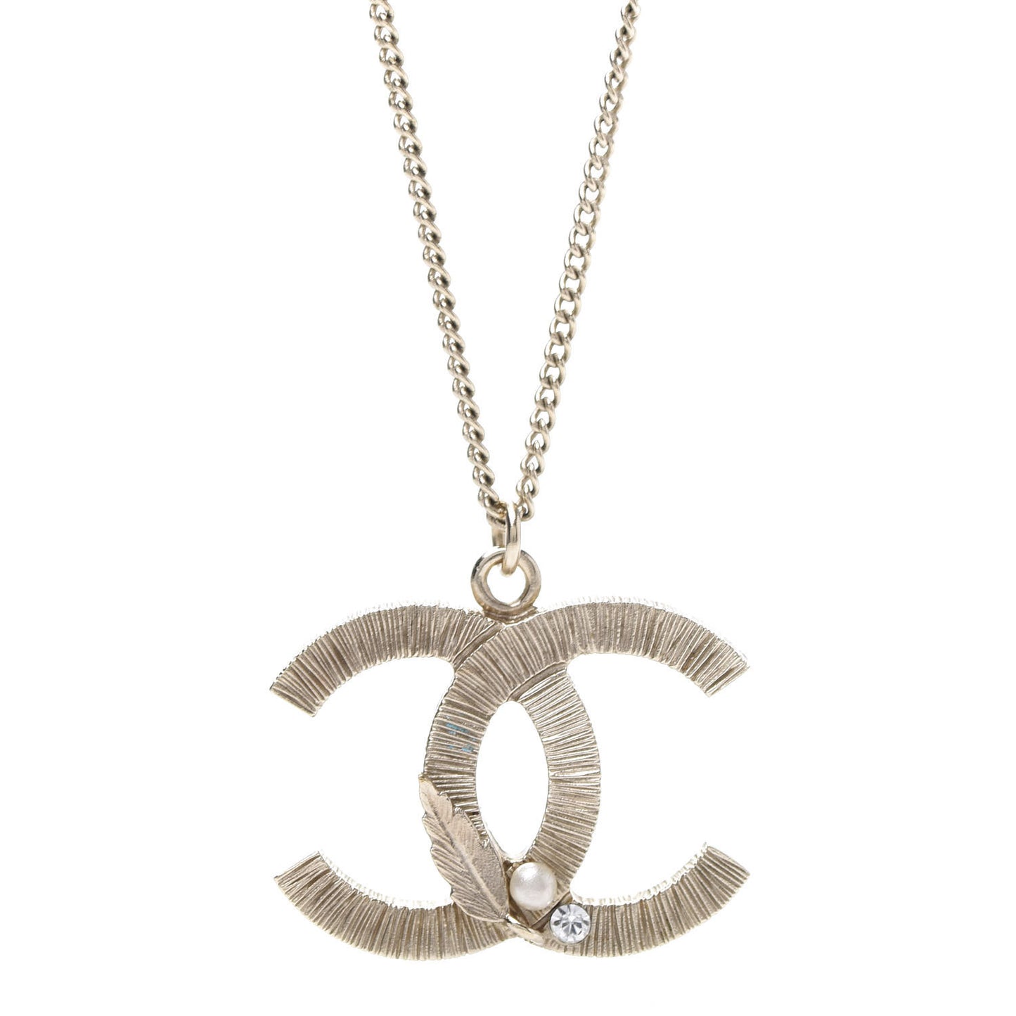 Pearl Crystal Feather CC Pendant Necklace Gold
