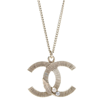 Chanel Pearl Crystal Feather CC Pendant Necklace Gold 4 of 6