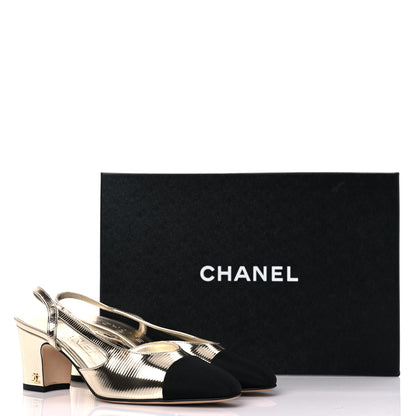 Chanel Metallic Calfskin Grosgrain Cap Toe CC Slingback Sandals 35.5 Gold Black 9 of 9