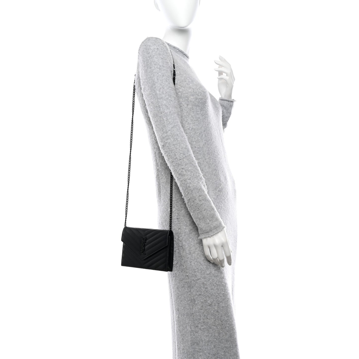 Grain De Poudre Matelasse Chevron Monogram Monochrome Envelope Chain Wallet Black