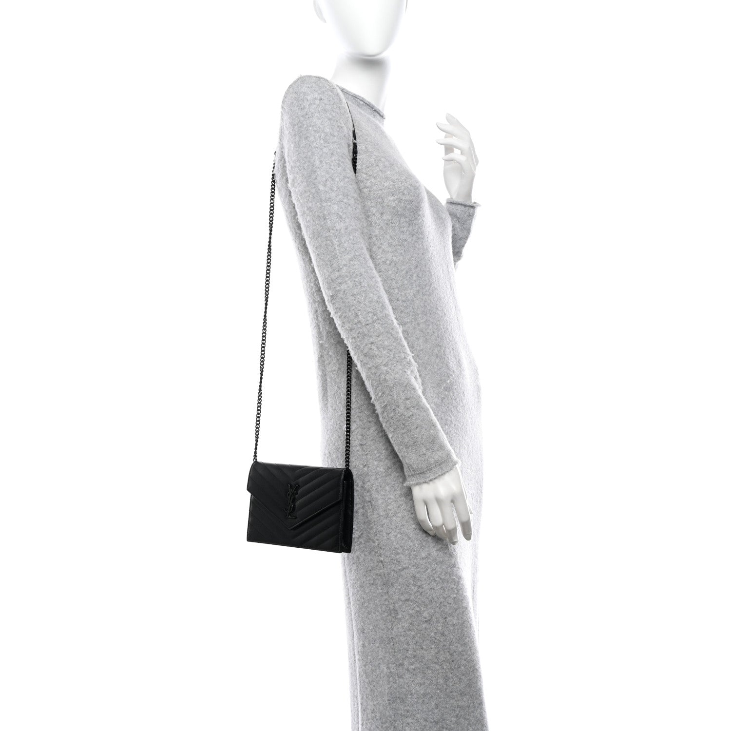 Saint Laurent Grain De Poudre Matelasse Chevron Monogram Monochrome Envelope Chain Wallet Black 2 of 10