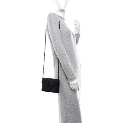 Saint Laurent Grain De Poudre Matelasse Chevron Monogram Monochrome Envelope Chain Wallet Black 2 of 10
