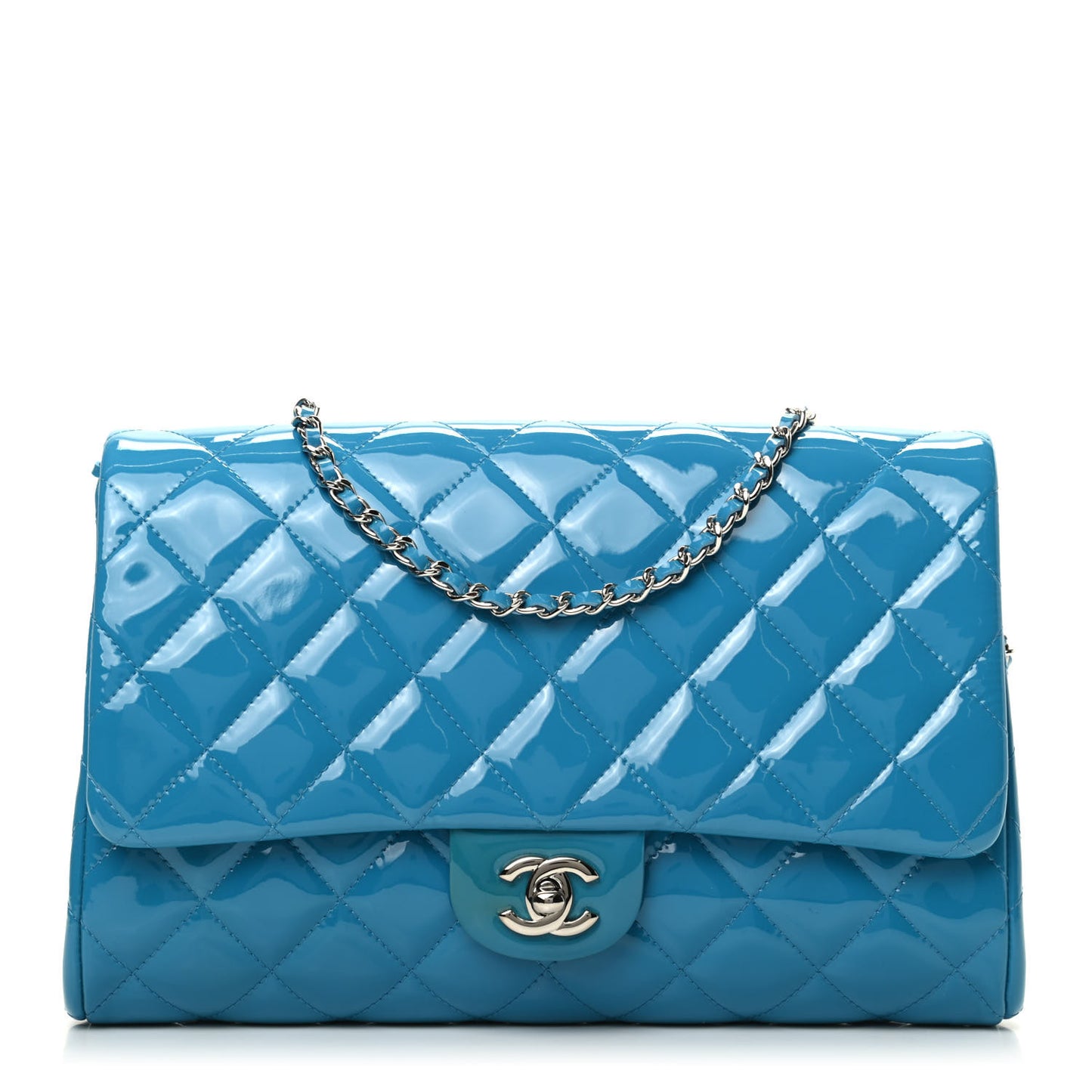 Patent Quilted Clutch with Chain Flap Blue