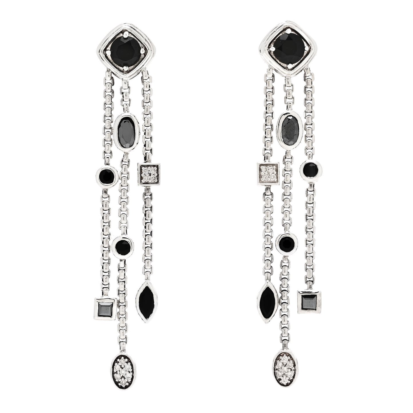 Sterling Silver Diamond Black Onyx Hematine Confetti 3 Row Tassel Earrings