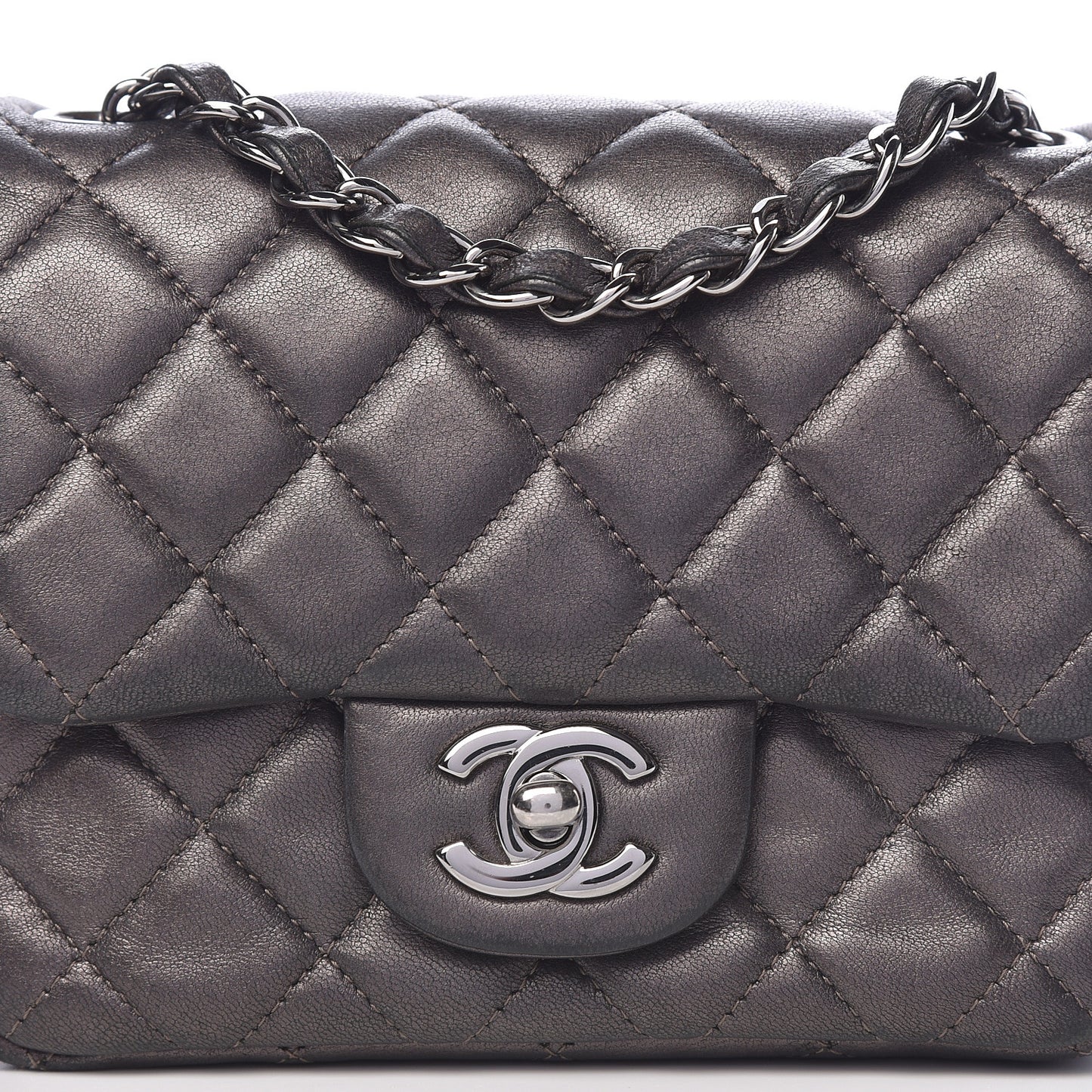 Metallic Lambskin Quilted Mini Square Flap Grey