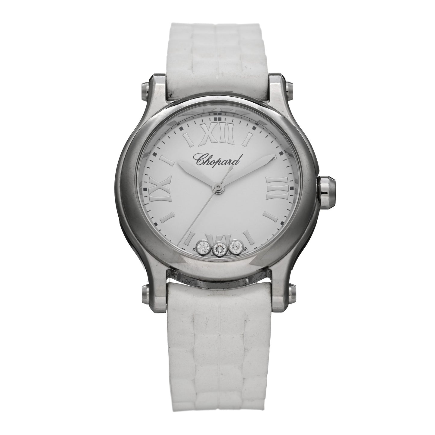 Stainless Steel Rubber 3 Diamond 30mm Happy Sport Quartz Watch White